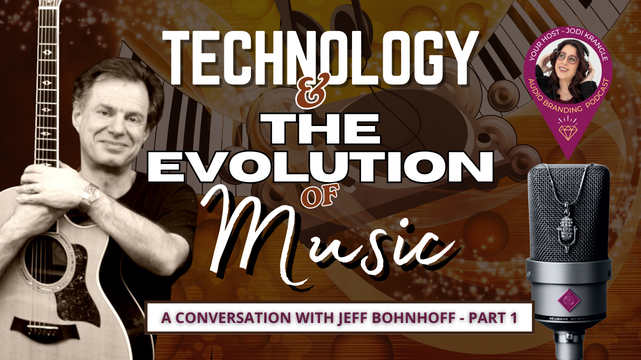 Man hugging a guitar on a background of musical instruments. Text says Technology and the Evolution of Music. A Conversation with Jeff Bohnoff Part 1