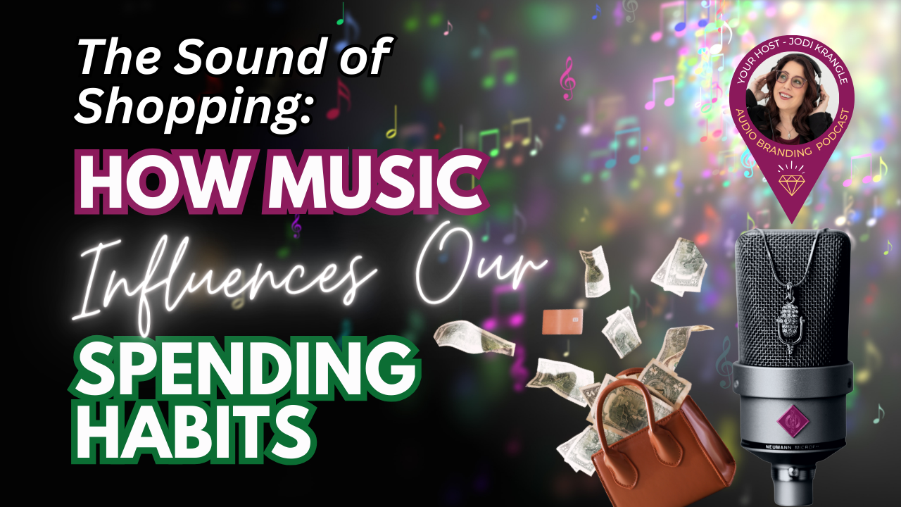 Image of a women's purse with cash money flying out of it on a background with music notes.  Title reads:  "The sound of shopping: How Music Influences Our Spending Habits"