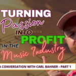 Picture of Carl Bahner pointing to the words "Turning Passion into Profit" over a music sheet background