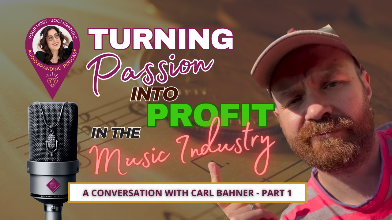 Picture of Carl Bahner pointing to the words "Turning Passion into Profit" over a music sheet background
