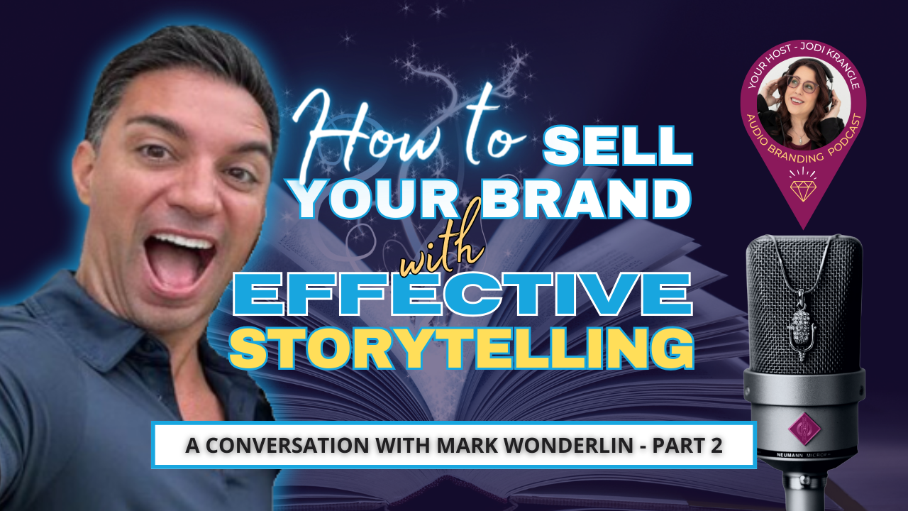 Picture of Mark Wonderlin of Mosaic Media Films with the words "How to sell your brand with effective storytelling" for the audio branding podcast with Jodi Krangle