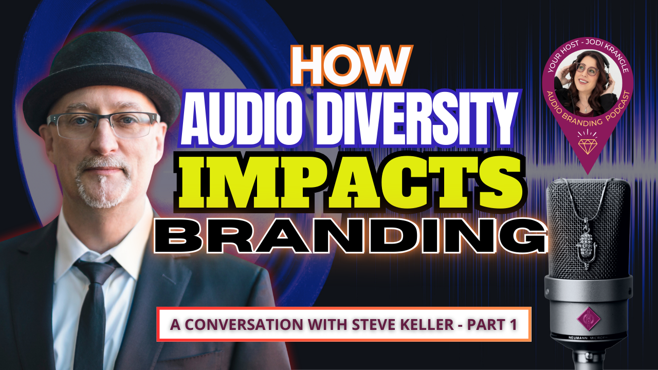 Picture of Steve Keller and Jodi Krangle, a Microphone, and the title How Audio Divesrity Impacts Branding