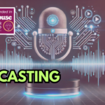 AI generated picture of a podcasting microphone in the background. Title of AI in Podcasting