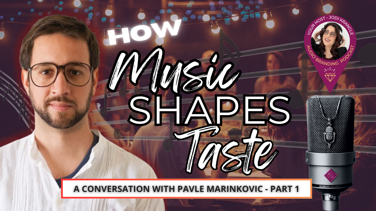 Picture of Pavle Marinkovic over a background of Music Notes and peole dining at a large table. Title in words is ow Music Shapes Taste with Pavle Marinkovic 