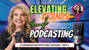 Pictire of Blonde podcast woman, Traci deforge with microphone ad the Title" Elevating Brands Through Podcasting"