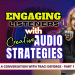 Traci Deforge - Blonde haired woman sitting at a podcast microphone with her laptop and the title of "Engaging Listeners with Creative AudioStrategies"