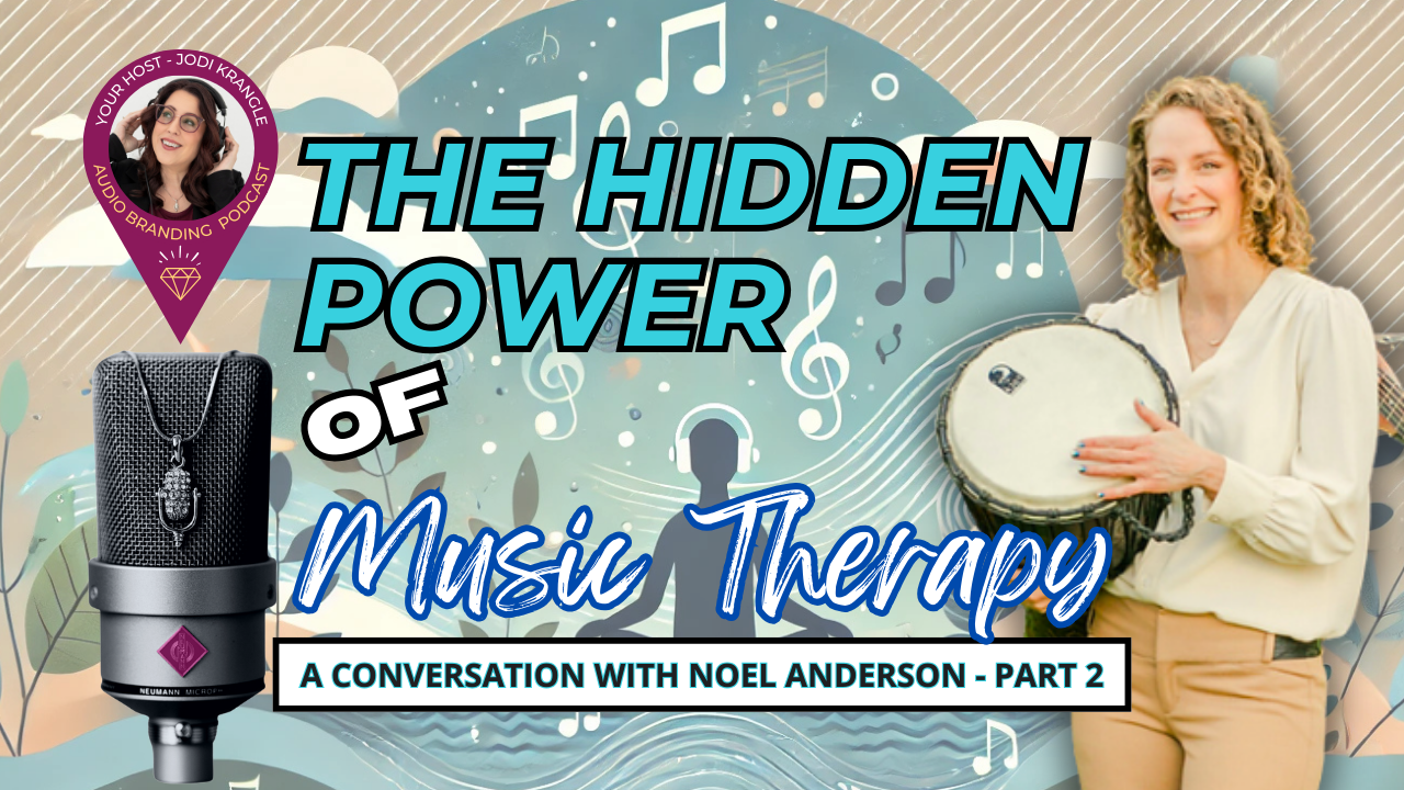 background picture of music notes and a figure with headphones on. Foreground picture of Noel Anderson and title of The Hidden Power of Music Therapy 