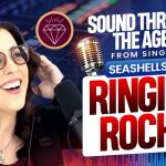 Jodi Krangle wearing headphones beside text “Sound Through the Ages: From Singing Seashells to Ringing Rocks” with microphone and audio waveform background