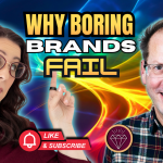 Jodi Krangle pointing at text “Why Boring Brands Fail” with David Courtier-Dutton on colorful background promoting an audio branding podcast episode