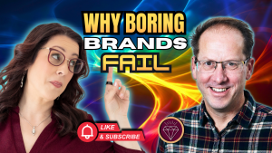 Jodi Krangle pointing at text “Why Boring Brands Fail” with David Courtier-Dutton on colorful background promoting an audio branding podcast episode