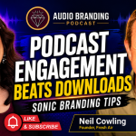 Jodi Krangle and Neil Cowling on an Audio Branding Podcast thumbnail about why podcast engagement beats downloads
